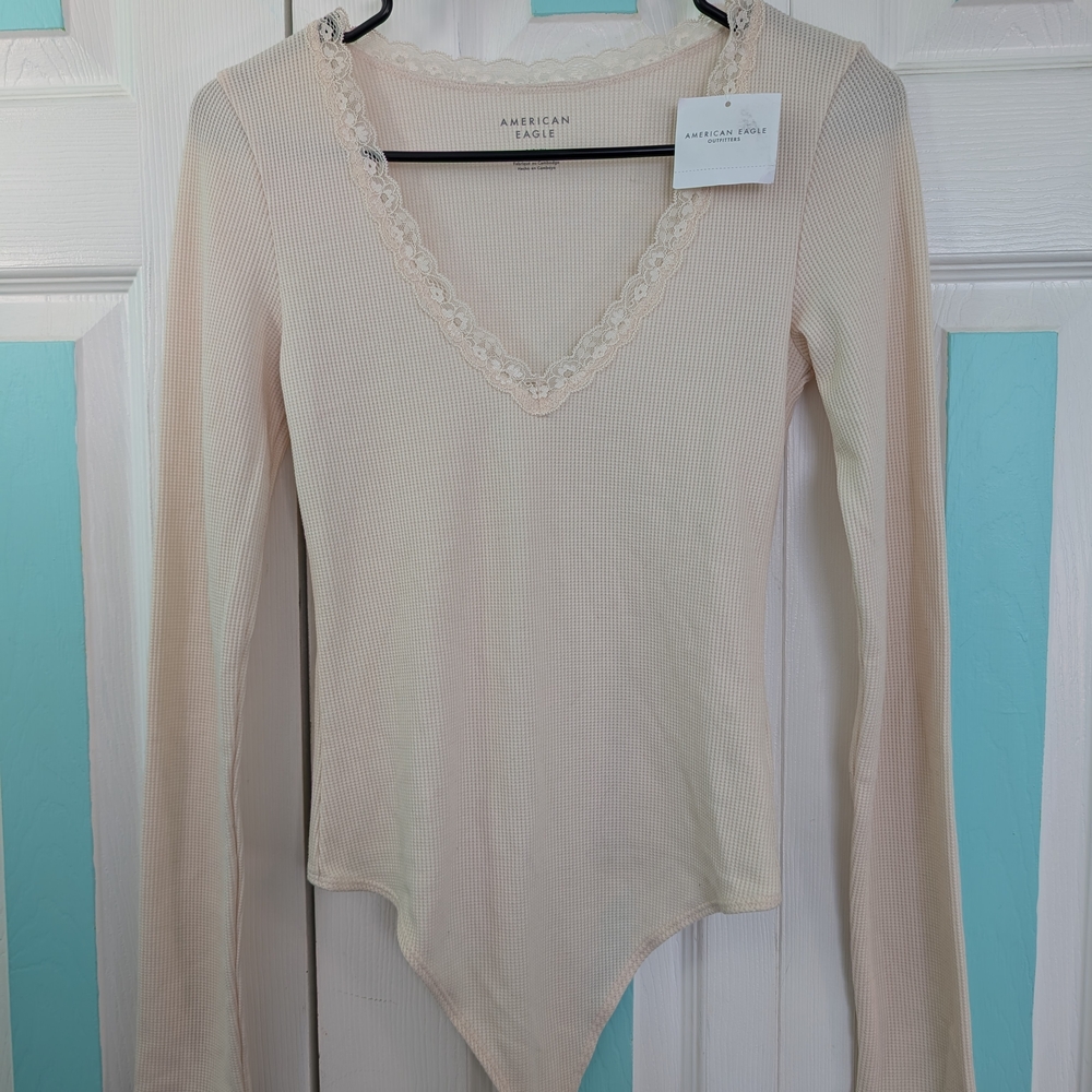 American Eagle Outfitters Cream Lace V-Neck Bodysuit